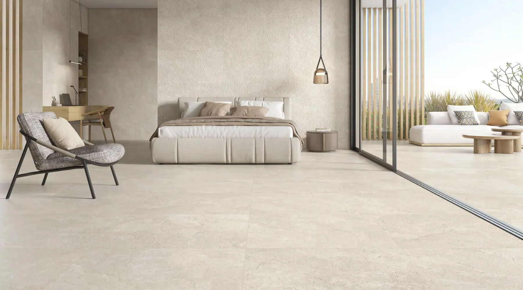 Dormitorio con pavimento porcelánico gran formato en tono piedra